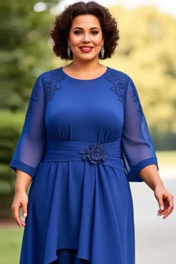 Vestido Mae Noiva Azul Real Chiffon Tamanhos Grandes Meias Mangas