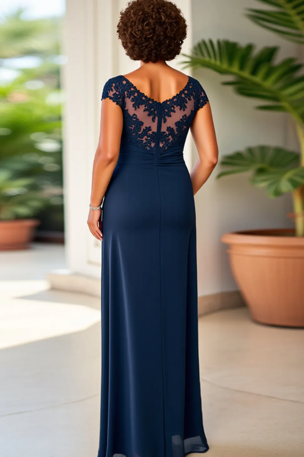 Vestido Mae Noiva Bainha Marinha Pescoço Redondo Renda