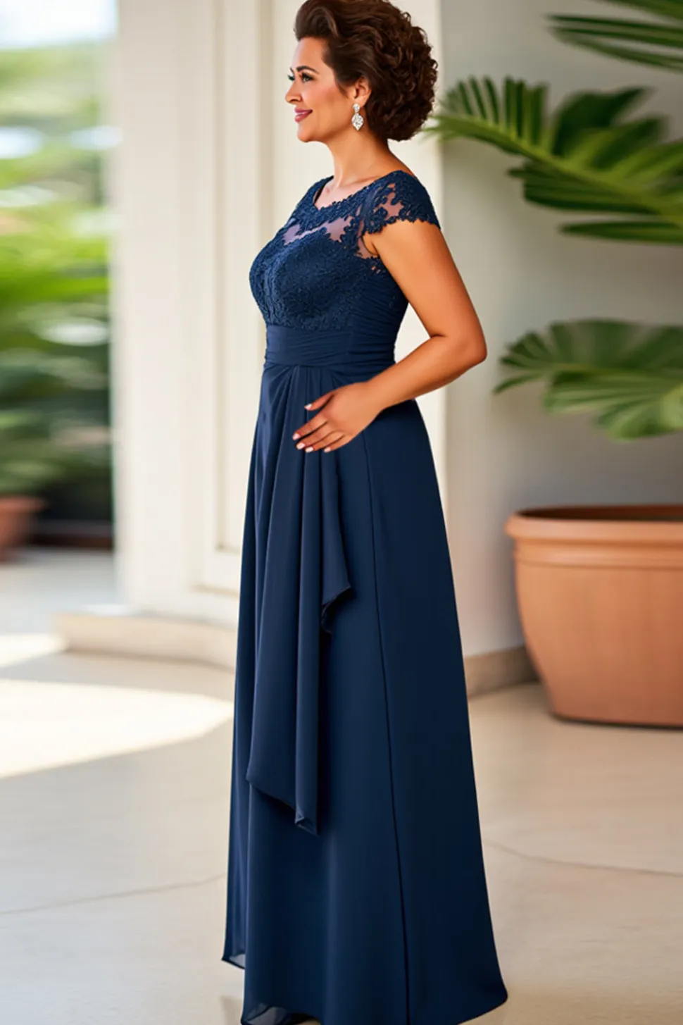 Vestido Mae Noiva Bainha Marinha Pescoço Redondo Renda