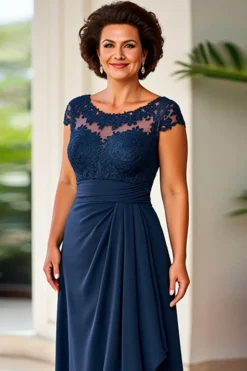 Vestido Mae Noiva Bainha Marinha Pescoço Redondo Renda