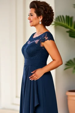 Vestido Mae Noiva Bainha Marinha Pescoço Redondo Renda