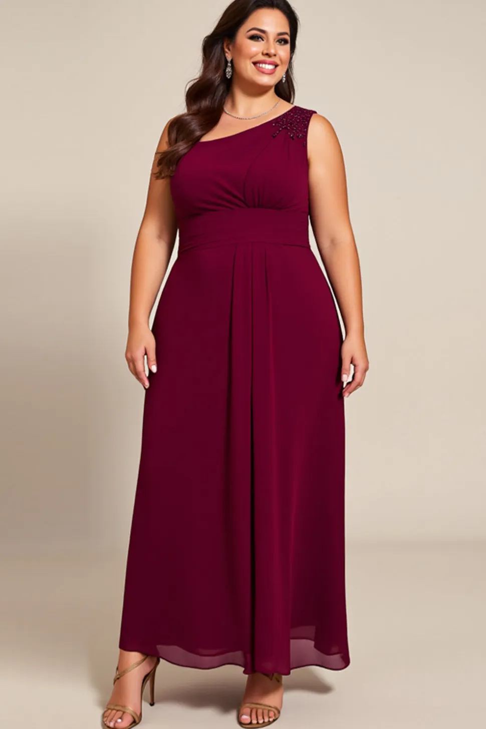 Vestido Mae Noiva Borgonha Linha-A Chiffon Um Ombro Longo Tamanhos Grandes
