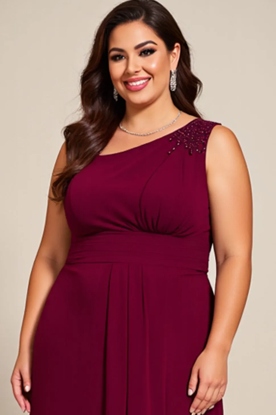 Vestido Mae Noiva Borgonha Linha-A Chiffon Um Ombro Longo Tamanhos Grandes