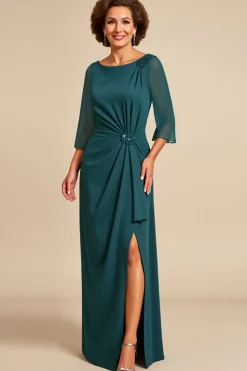Vestido Mae Noiva com Fenda Bainha Pavão Azul Pescoço Redondo Longo