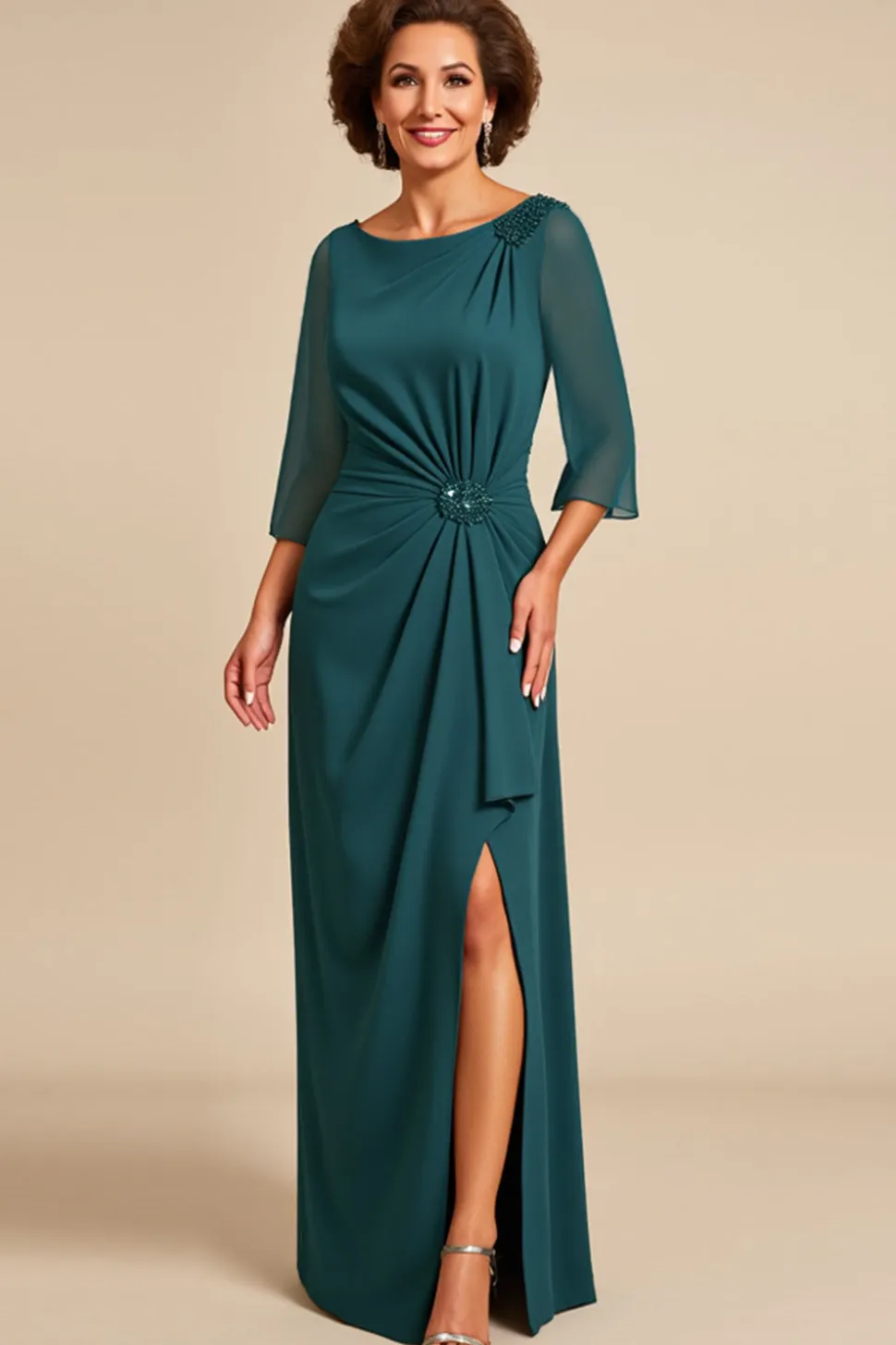 Vestido Mae Noiva com Fenda Bainha Pavão Azul Pescoço Redondo Longo