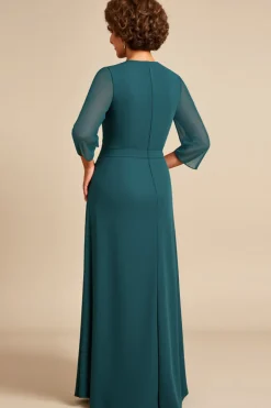 Vestido Mae Noiva com Fenda Bainha Pavão Azul Pescoço Redondo Longo