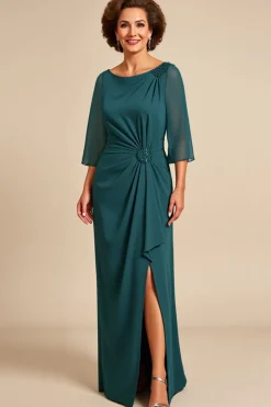 Vestido Mae Noiva com Fenda Bainha Pavão Azul Pescoço Redondo Longo