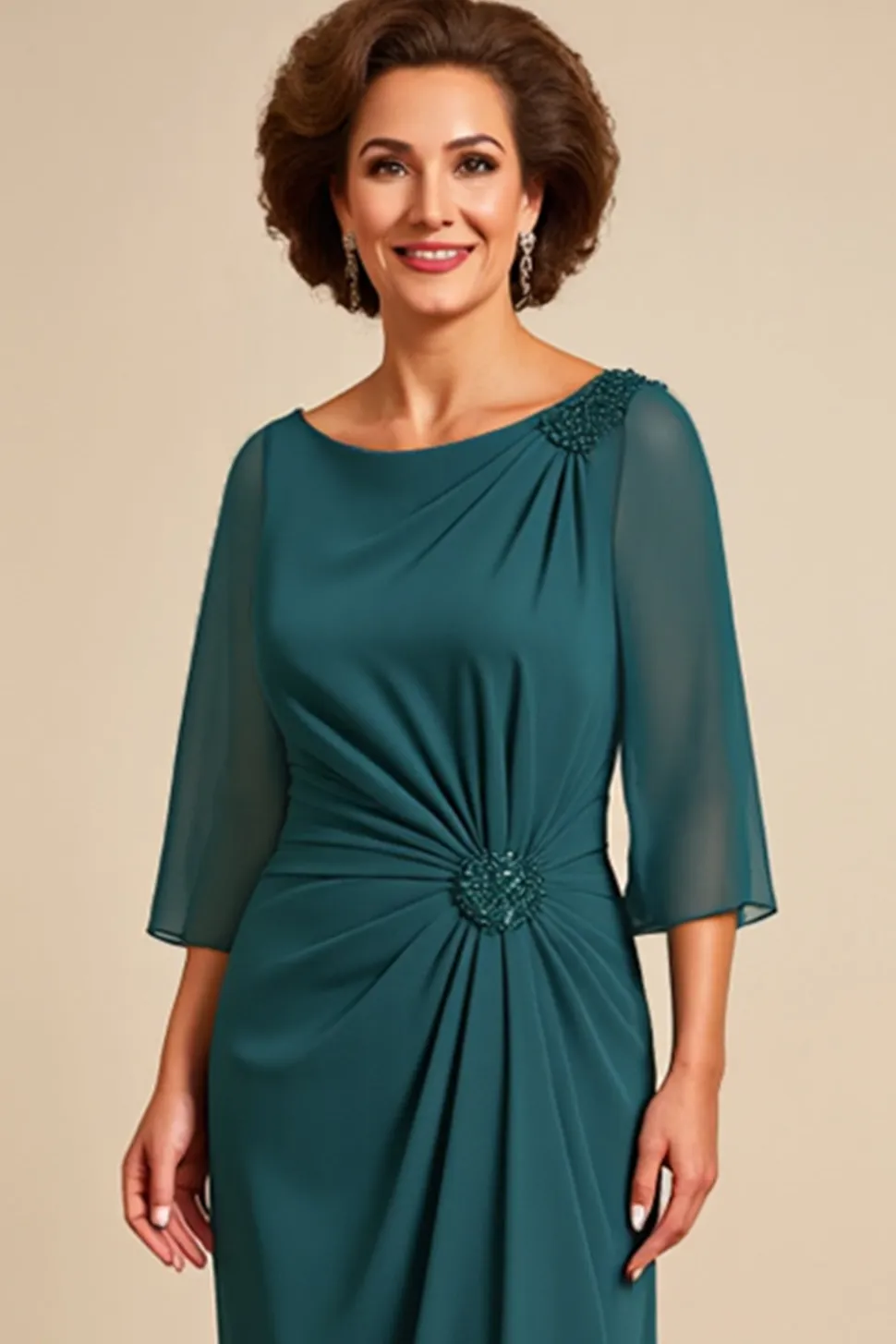 Vestido Mae Noiva com Fenda Bainha Pavão Azul Pescoço Redondo Longo
