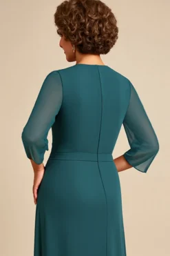 Vestido Mae Noiva com Fenda Bainha Pavão Azul Pescoço Redondo Longo
