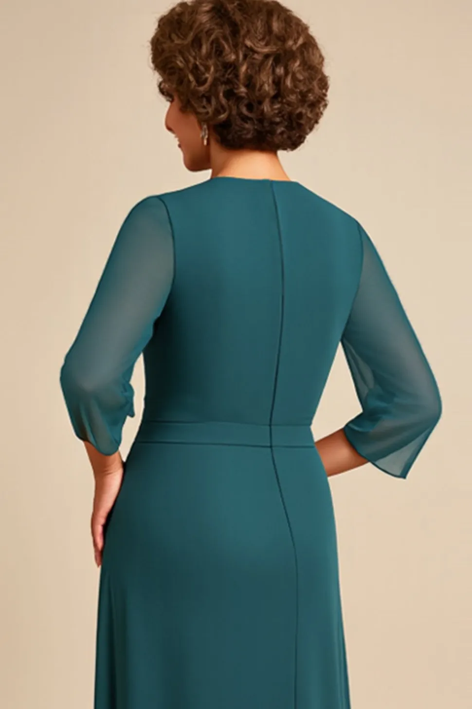 Vestido Mae Noiva com Fenda Bainha Pavão Azul Pescoço Redondo Longo
