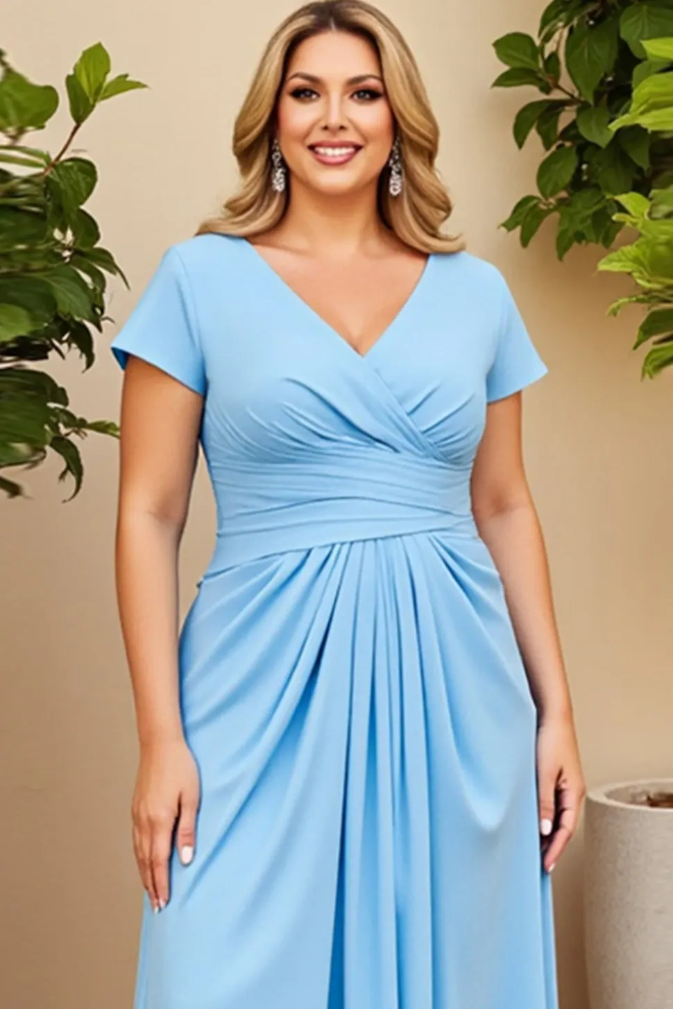 Vestido Mae Noiva com Mangas Curtas Céu Azul Decote em V Chiffon Tamanhos Grandes
