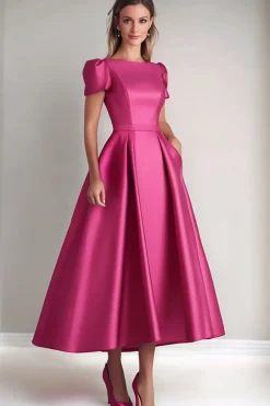 Vestido Mae Noiva com Mangas Curtas Fúcsia Linha-A Midi Cetim
