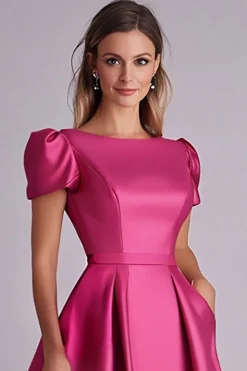 Vestido Mae Noiva com Mangas Curtas Fúcsia Linha-A Midi Cetim