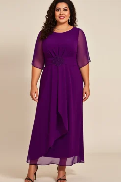 Vestido Mae Noiva com Meias Mangas Tamanhos Grandes Roxo Chiifon Longo