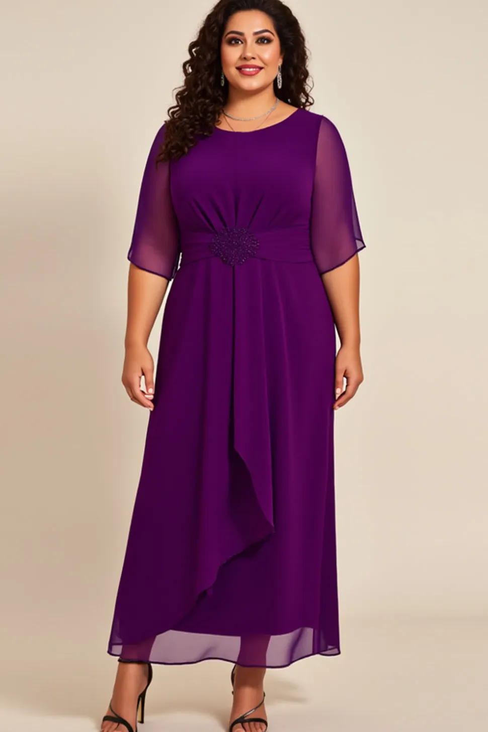 Vestido Mae Noiva com Meias Mangas Tamanhos Grandes Roxo Chiifon Longo