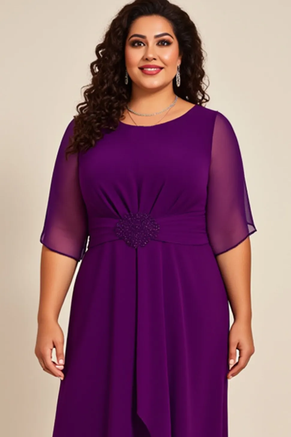 Vestido Mae Noiva com Meias Mangas Tamanhos Grandes Roxo Chiifon Longo