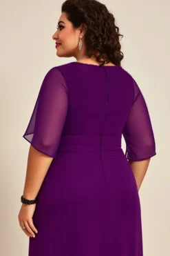 Vestido Mae Noiva com Meias Mangas Tamanhos Grandes Roxo Chiifon Longo
