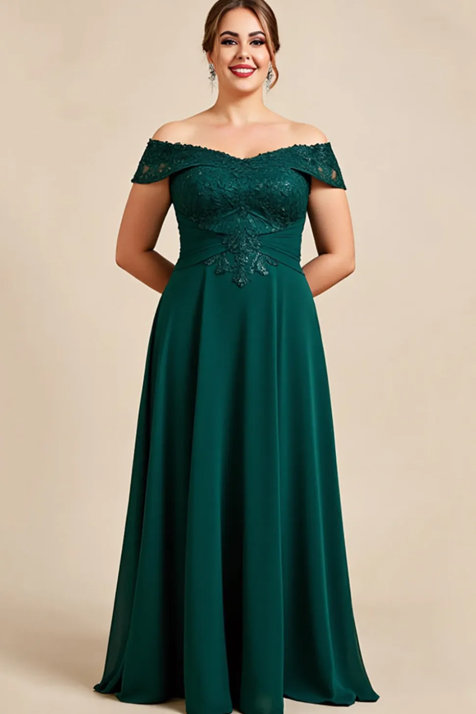 Vestido Mae Noiva com Renda Pinheiro Fora do Ombro Bainha Chiffon Tamanhos Grandes Longo