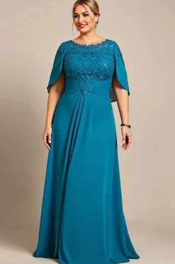 Vestido Mae Noiva com Renda Pavão Azul Linha-A Chiffon Tamanhos Grandes