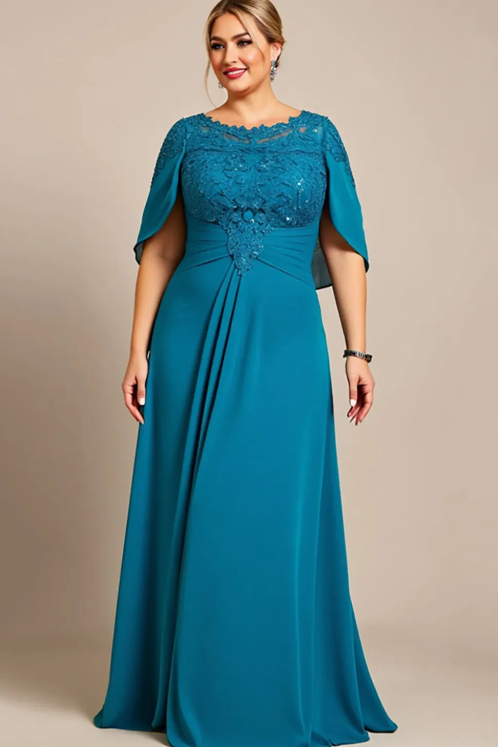 Vestido Mae Noiva com Renda Pavão Azul Linha-A Chiffon Tamanhos Grandes