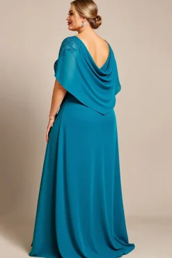 Vestido Mae Noiva com Renda Pavão Azul Linha-A Chiffon Tamanhos Grandes
