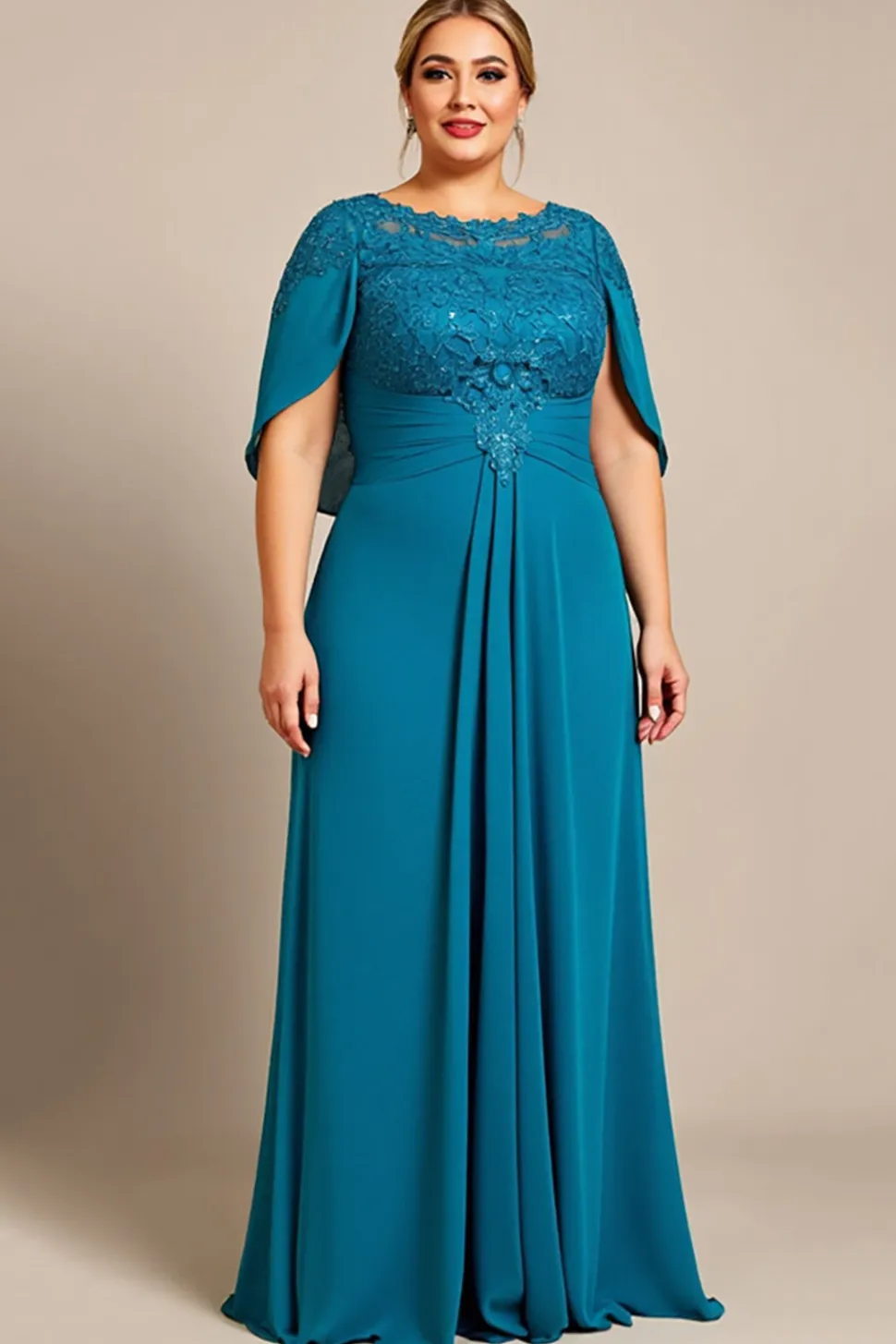 Vestido Mae Noiva com Renda Pavão Azul Linha-A Chiffon Tamanhos Grandes