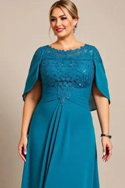 Vestido Mae Noiva com Renda Pavão Azul Linha-A Chiffon Tamanhos Grandes