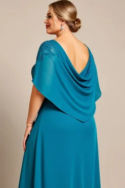 Vestido Mae Noiva com Renda Pavão Azul Linha-A Chiffon Tamanhos Grandes