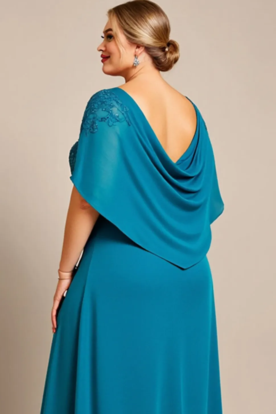 Vestido Mae Noiva com Renda Pavão Azul Linha-A Chiffon Tamanhos Grandes