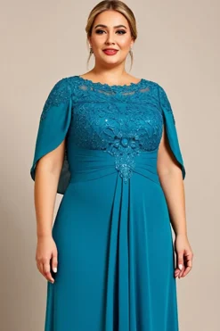Vestido Mae Noiva com Renda Pavão Azul Linha-A Chiffon Tamanhos Grandes