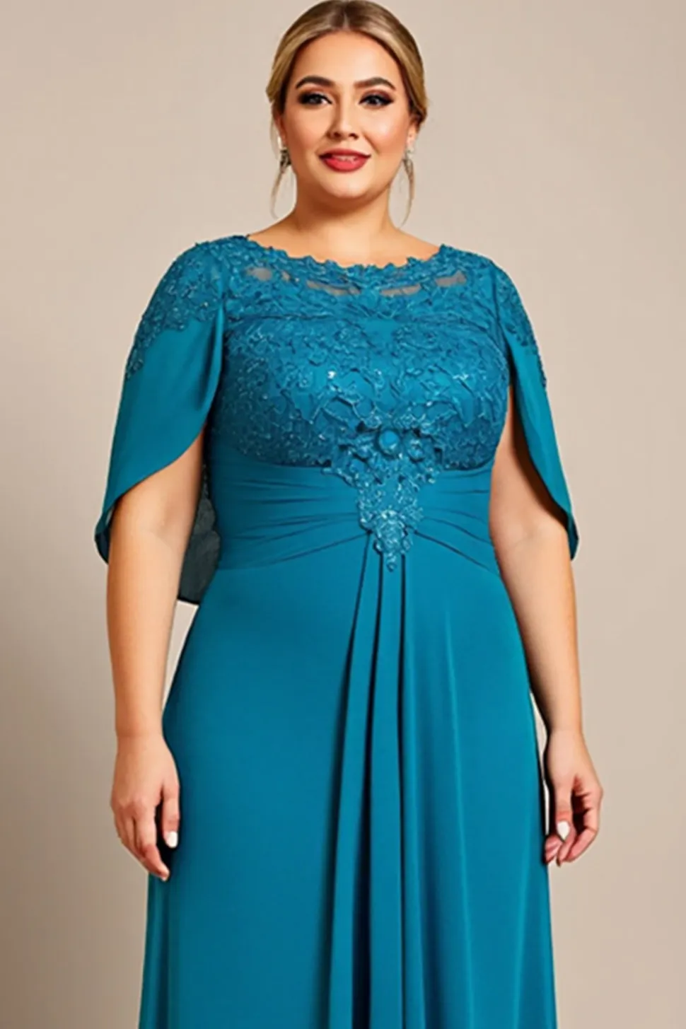 Vestido Mae Noiva com Renda Pavão Azul Linha-A Chiffon Tamanhos Grandes