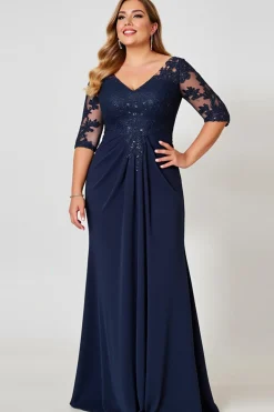 Vestido Mae Noiva com Renda Decote em V Bainha Marinha Chiffon Longo Tamanhos Grandes