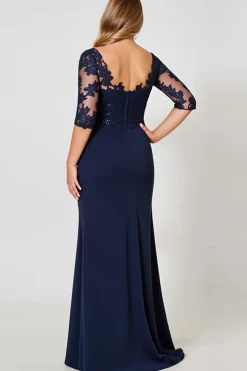 Vestido Mae Noiva com Renda Decote em V Bainha Marinha Chiffon Longo Tamanhos Grandes