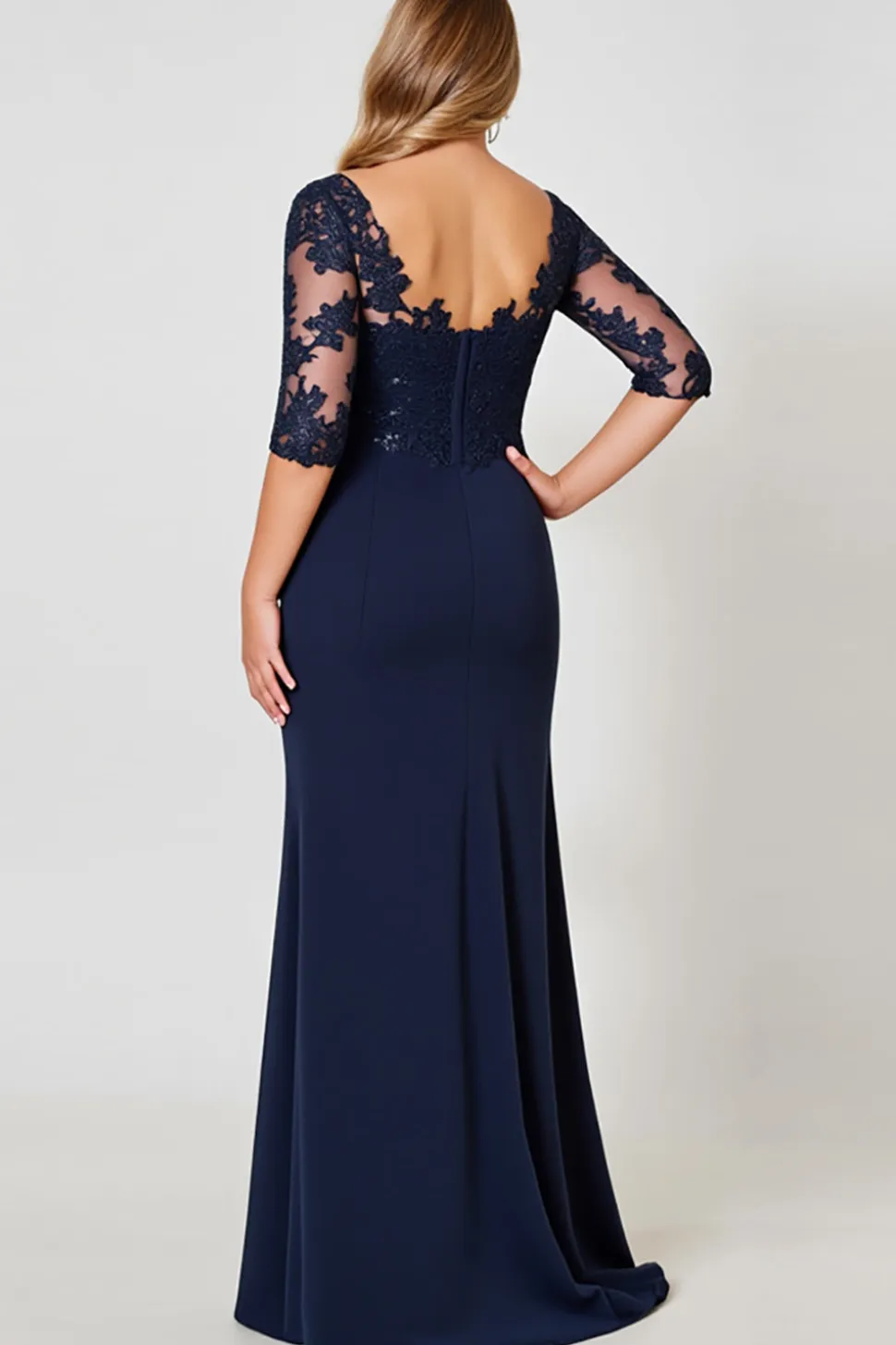 Vestido Mae Noiva com Renda Decote em V Bainha Marinha Chiffon Longo Tamanhos Grandes