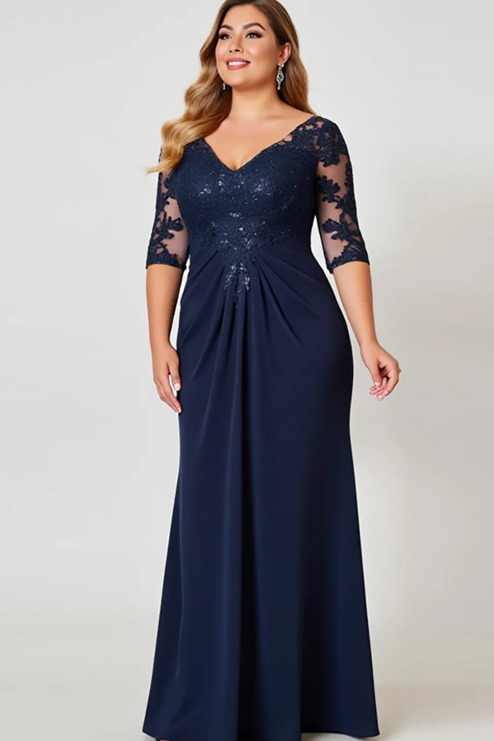 Vestido Mae Noiva com Renda Decote em V Bainha Marinha Chiffon Longo Tamanhos Grandes