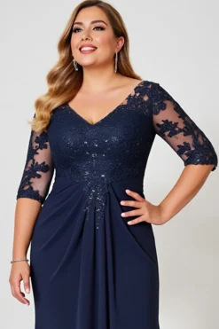 Vestido Mae Noiva com Renda Decote em V Bainha Marinha Chiffon Longo Tamanhos Grandes