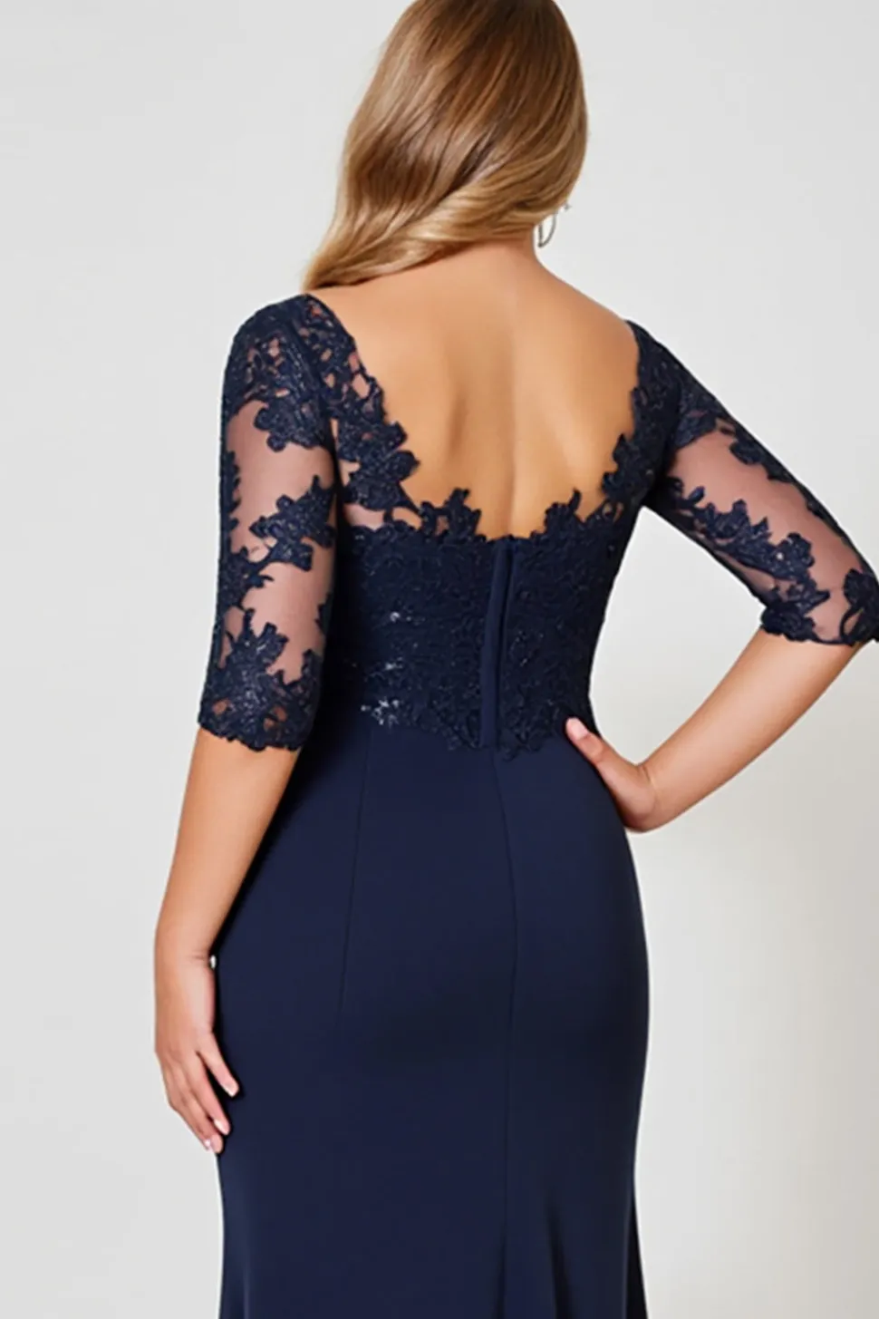 Vestido Mae Noiva com Renda Decote em V Bainha Marinha Chiffon Longo Tamanhos Grandes