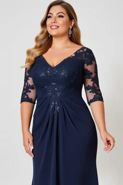 Vestido Mae Noiva com Renda Decote em V Bainha Marinha Chiffon Longo Tamanhos Grandes
