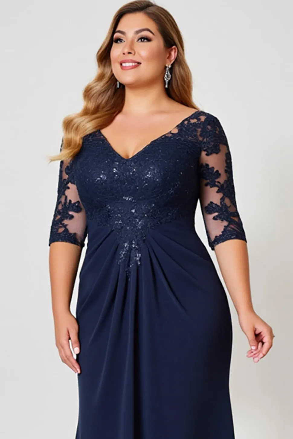 Vestido Mae Noiva com Renda Decote em V Bainha Marinha Chiffon Longo Tamanhos Grandes