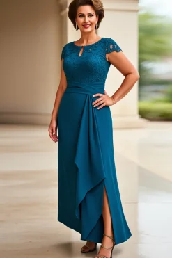 Vestido Mae Noiva com Renda Tinta Azul Bainha Cap Mangas Longo