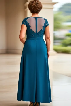 Vestido Mae Noiva com Renda Tinta Azul Bainha Cap Mangas Longo