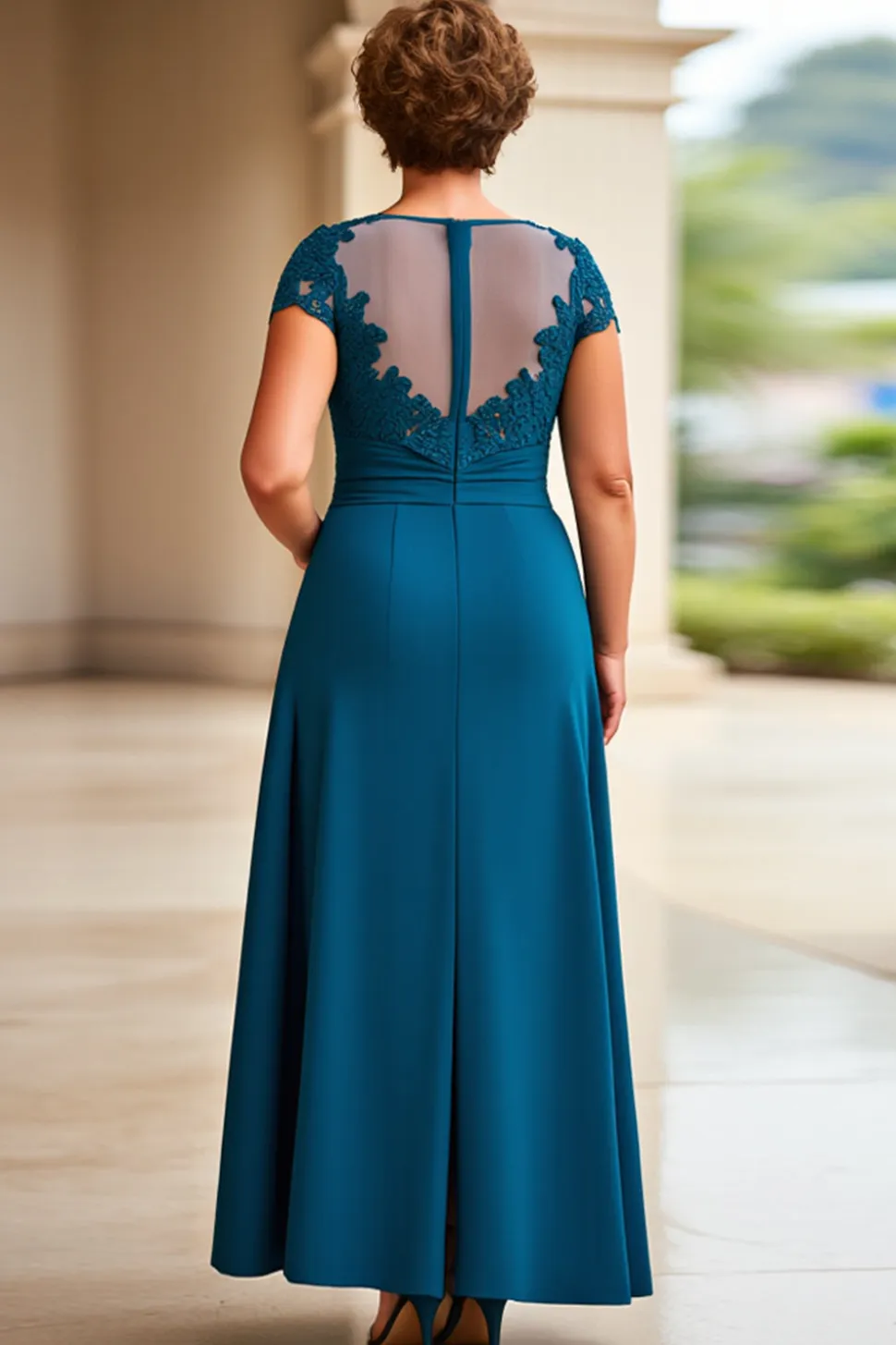 Vestido Mae Noiva com Renda Tinta Azul Bainha Cap Mangas Longo