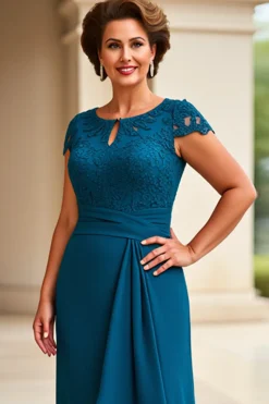 Vestido Mae Noiva com Renda Tinta Azul Bainha Cap Mangas Longo