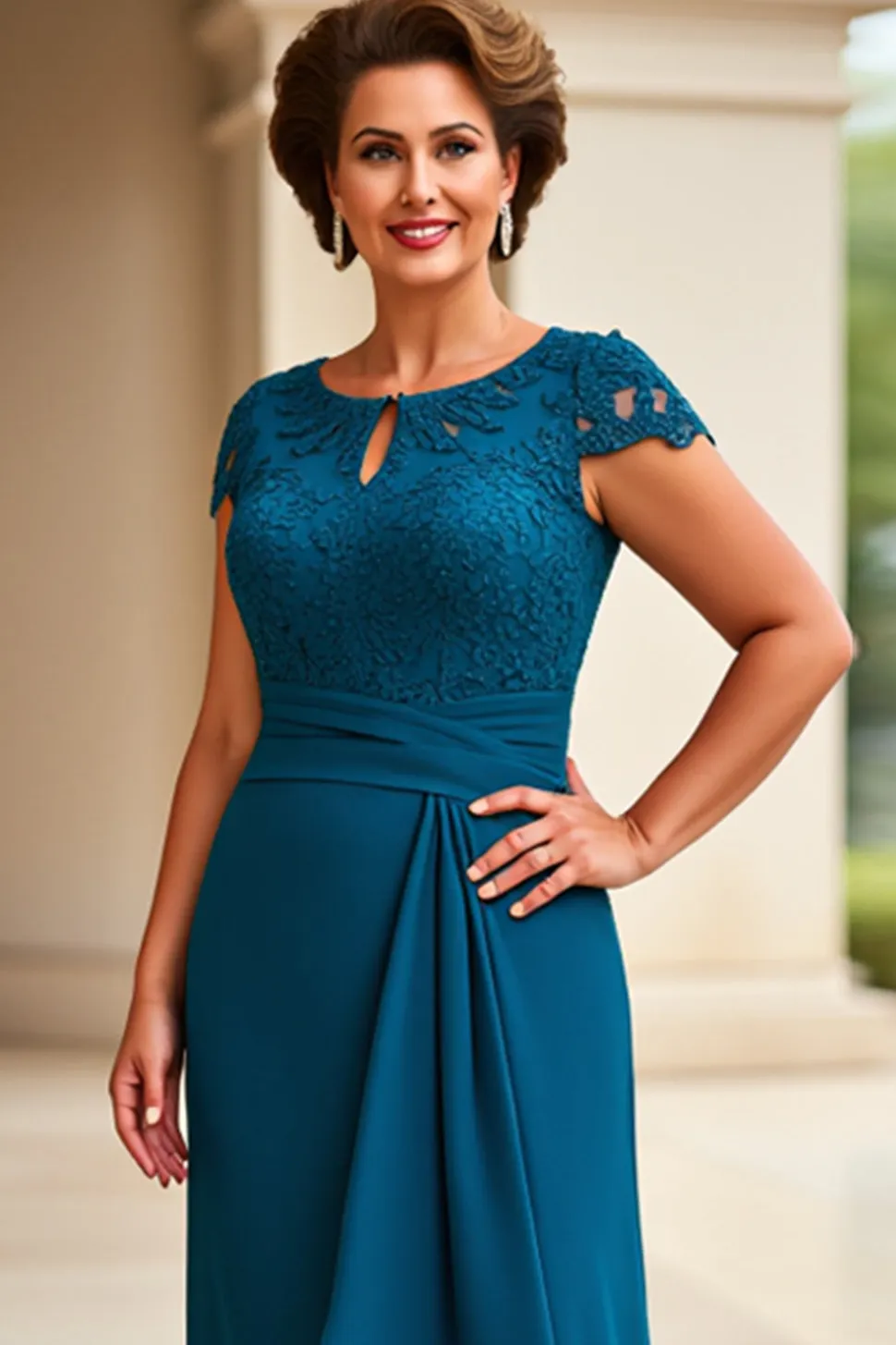 Vestido Mae Noiva com Renda Tinta Azul Bainha Cap Mangas Longo