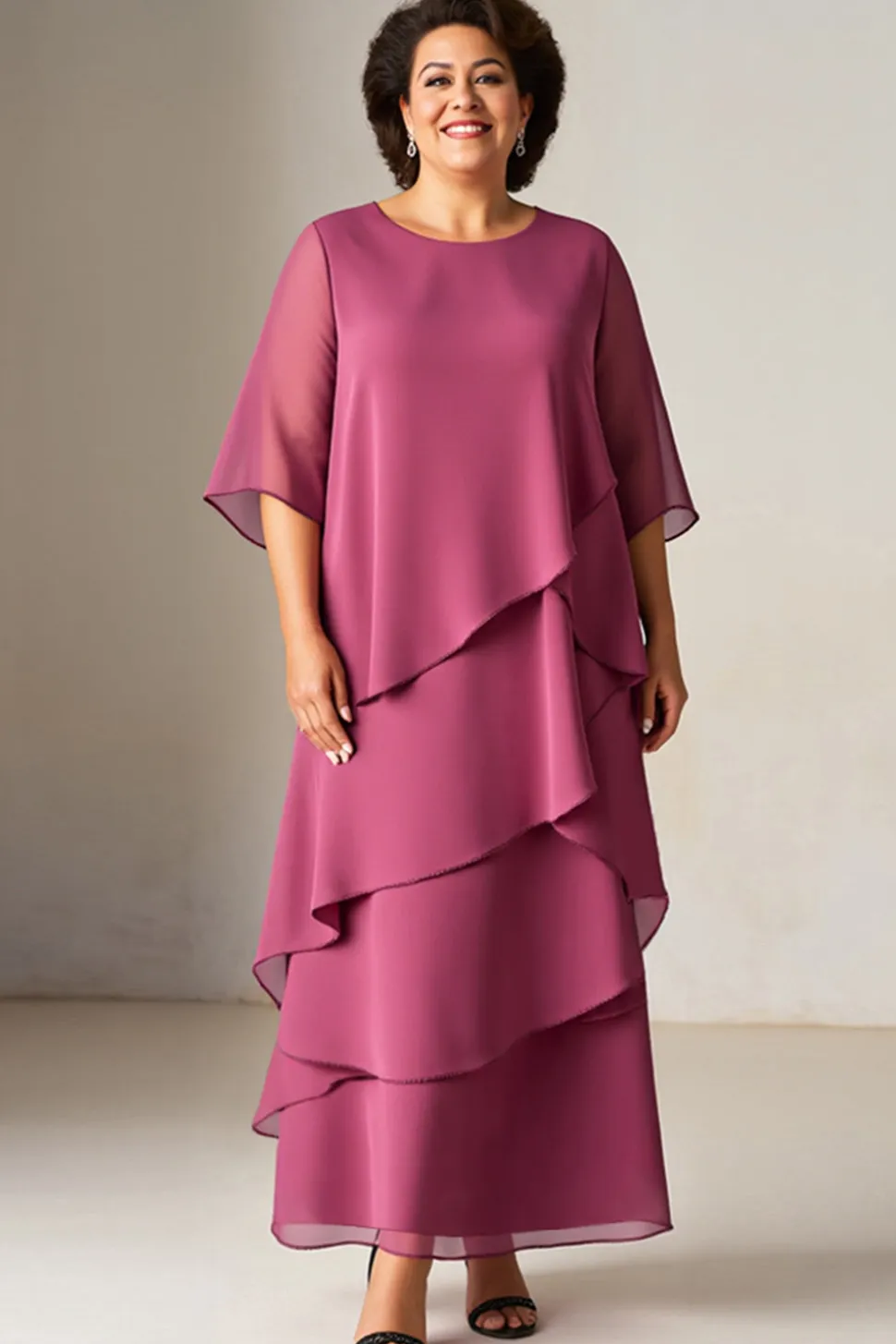 Vestido Mae Noiva Malva Vintage Chiffon Babado Tamanhos Grandes Pescoço Redondo