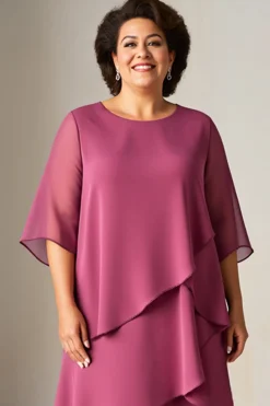 Vestido Mae Noiva Malva Vintage Chiffon Babado Tamanhos Grandes Pescoço Redondo