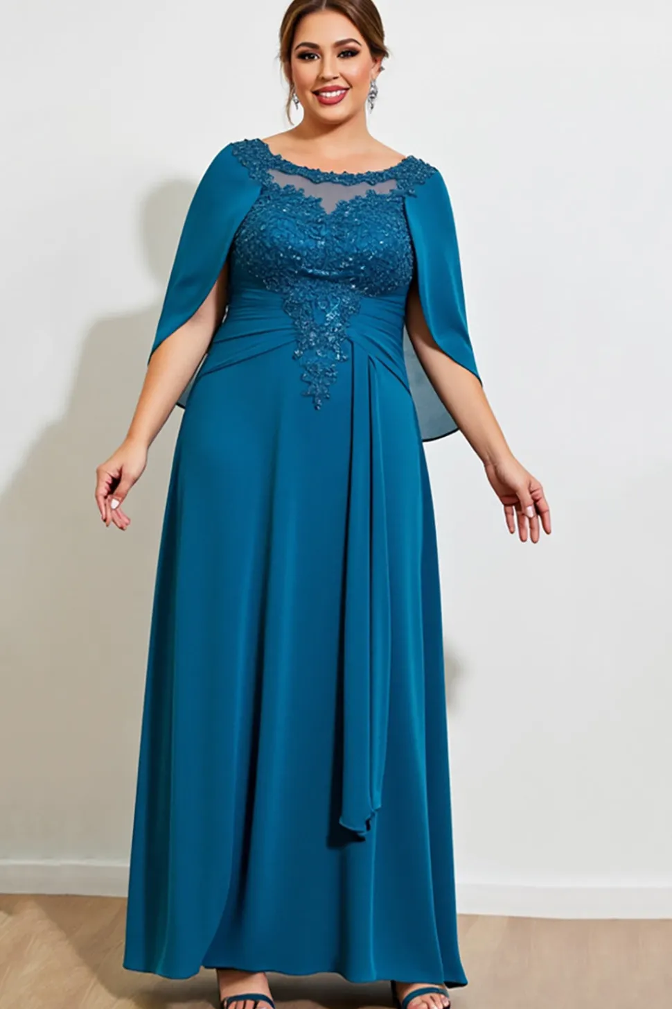 Vestido Mae Noiva Pavão Azul Bainha Renda Longo Chiffon Tamanhos Grandes