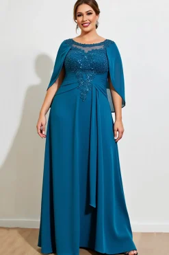 Vestido Mae Noiva Pavão Azul Bainha Renda Longo Chiffon Tamanhos Grandes