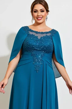 Vestido Mae Noiva Pavão Azul Bainha Renda Longo Chiffon Tamanhos Grandes