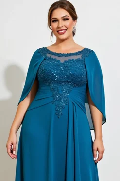 Vestido Mae Noiva Pavão Azul Bainha Renda Longo Chiffon Tamanhos Grandes